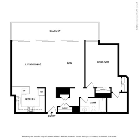 Floor plan for 1 bed, 1 bath, 988 sqft